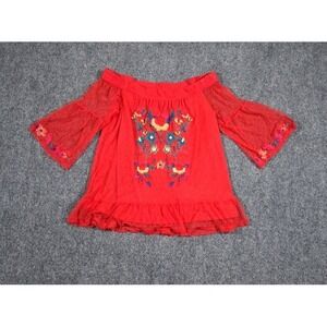 Umgee Women's Red Gauzy‎ Off the Shoulder Embroidered Shirt Top Size Small